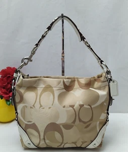 Coach Carly Signature Tan Canvas Leather Trim Turnlock Zipper Hobo Shoulder Bag - Picture 1 of 13