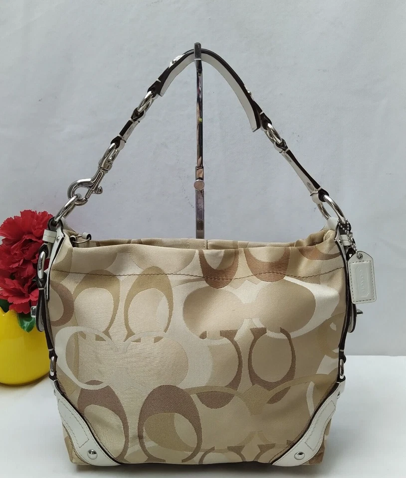 Coach Carly Signature Tan Canvas Leather Trim Turnlock Zipper Hobo Shoulder Bag - Image 1 of 4