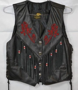 Handmade Ladies Classic Black Leather Biker Vest with Red Leather Rose - Picture 1 of 4