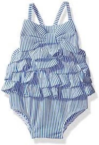 Mud Pie Mudpie blau gestreifter Seersucker Rüschen 1-teiliger Badeanzug mit Schleife 9-12 M - Neu mit Etikett - Bild 1 von 1