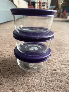 Pyrex Bowls 7202A Round with Plum Purple Lids set of 3 Three Little Glass Cute - Picture 1 of 8