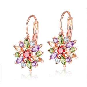Hot Flower Shaped Rose Gold Plated Stud Earrings With Morganite Amethyst Garnet - Picture 1 of 4