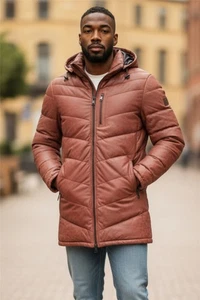 Mens Tan Brown Lamb Leather Detachable Hood Quilted Jacket Winter Coat - Picture 1 of 7