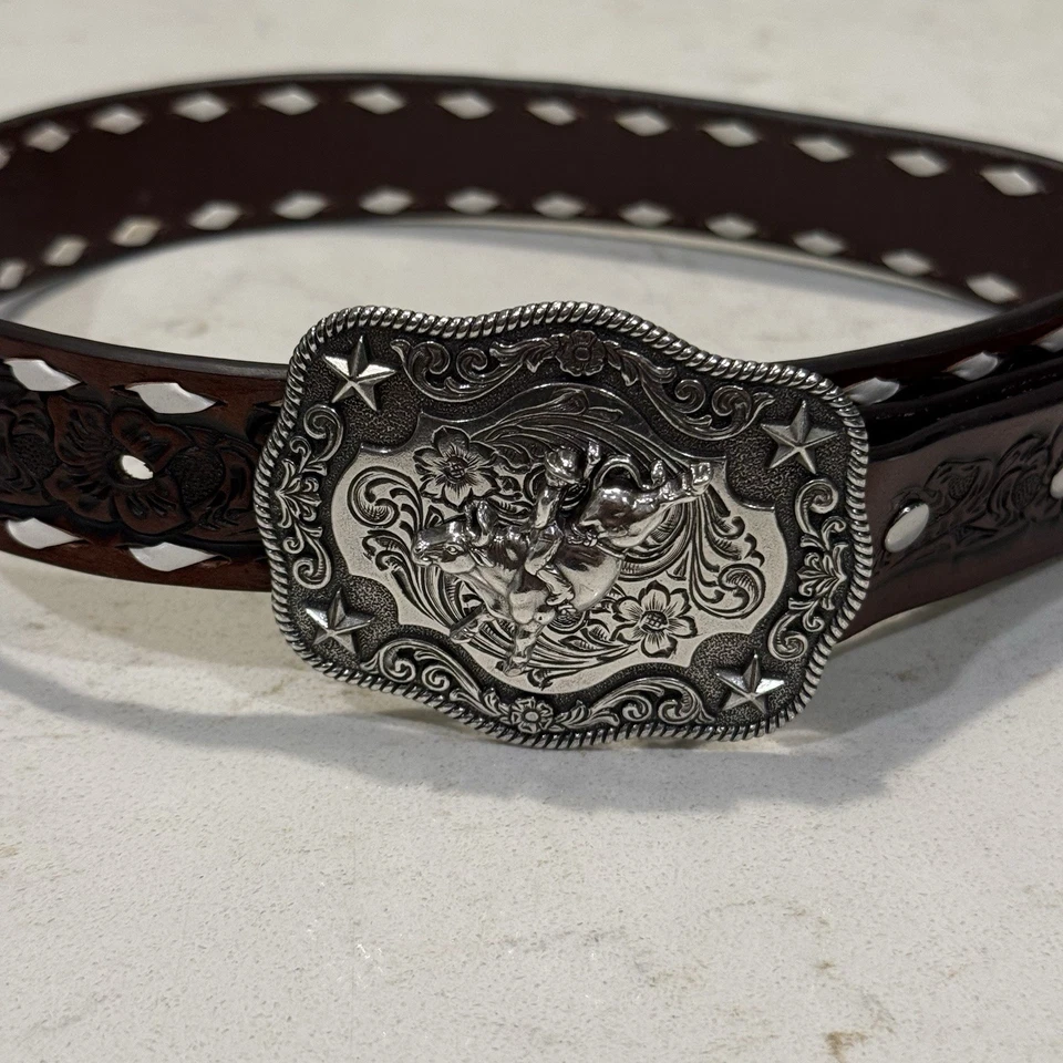 Cinturón de cuero occidental para niño marrón Nocona con hebilla Bronco tono plateado talla 22 Foto 1 de 4