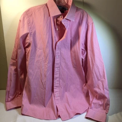 Polo By Ralph Lauren Regent Custom Fit 16 34/35 Pink White Stripe Button Down  - Image 1 of 4