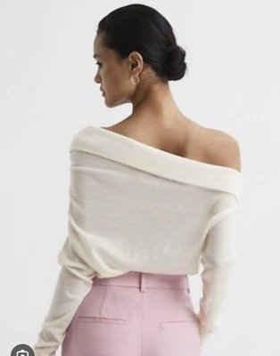 Reiss Merino Wool Gracey Drape Top Knit Small Cream Off The Shoulder New - Image 1 of 4