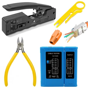 Rj45 Stecker Cat 7 10x Netzwerk Werkzeug Set Crimpzange Lan Kabel Tester Profi - Afbeelding 1 van 7