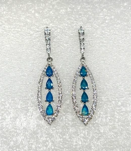 Nuovo Blu Opale & Zircone Pendente 44.00mm Orecchini Argento Sterling 925 - Box - Foto 1 di 6