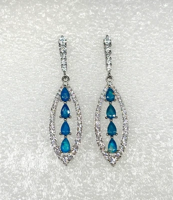 Nuovo Blu Opale & Zircone Pendente 44.00mm Orecchini Argento Sterling 925 - Box - Immagine 1 di 4