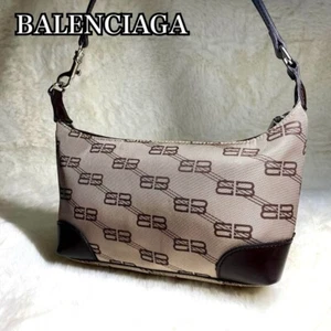 Authentic BALENCIAGA BB Logo Pattern Hand Pouch Bag Canvas Leather Shoulder Bag - Picture 1 of 11