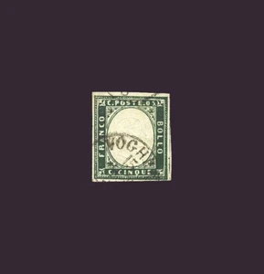 1857 Cerdeña: 5c. Verde Mirto (N°13A) Bien Marginado. Cert. M.Manzoni (L 8) - Imagen 1 de 2