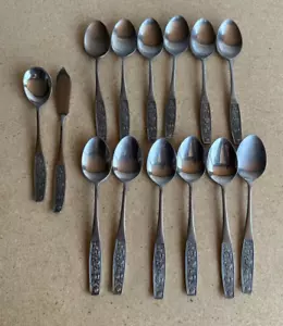 LOT of 14 Interpur INR28 Stainless Flatware Embossed Roses Dinner SPOONS BUTTER - Picture 1 of 4