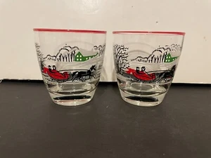 Two (2) Vintage Libbey Horse Drawn Winter Sleigh Ride Lowball Rocks Glasses - Picture 1 of 9