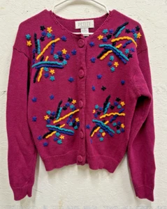 Petite Sophisticate Chunky Knit Sweater Women’s petite Pink Geometric Embroidery - Picture 1 of 4