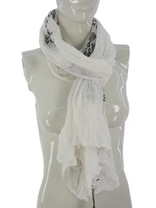 Yaya Women Scarf Stole White Cotton Gauze Grey Geometric Embroidery 100X200 cm - Picture 1 of 6