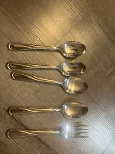 SET 5 Hampton Silversmith 2 SERVING Spoons 2 Slotted Spoons & 1 Fork stainless - Picture 1 of 5