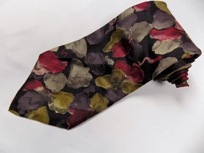 Mens Silk Tie Geoffrey Beene Black Purple Olive Green Floral Pattern - Image 1 of 3