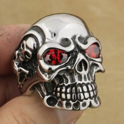 Stainless Steel Red CZ Eyes Titan Skull Ring Biker Gothic Jewellery 3A601B — 第 1/4 张图片