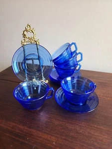 Vintage Hazel Atlas Moderntone Cobalt Blue Set of 5 Coffee Cups/5 Saucers - Picture 1 of 10