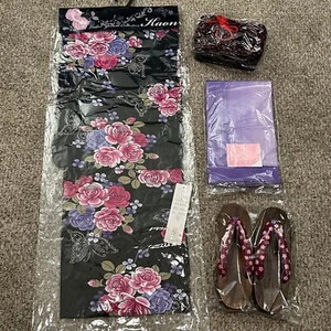 Ladies Floral Butterfly Print Yukata with Obi, Sandals & Drawstring Basket Bag - Picture 1 of 11