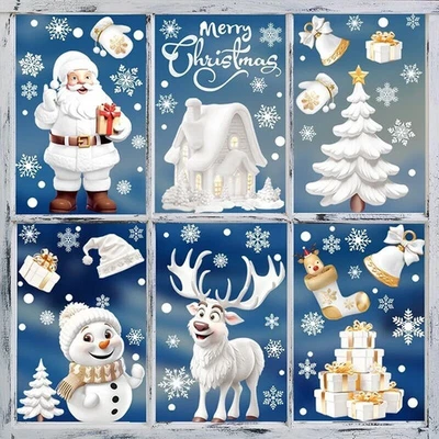 190pcs Clings Santa Claus Reindeer Snowflakes Double side Xmas Window Stickers - Image 1 of 4