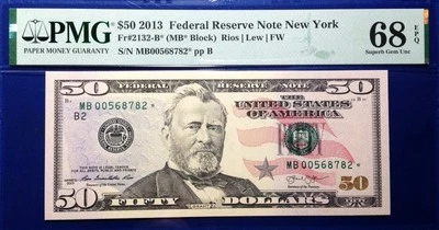 2013 $50 Federal Reserve Note Fr-2132-B* New York PMG68 Superb Gem EPQ - Image 1 of 2