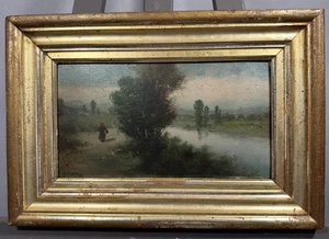 Huile sur panneau signée entourage de COROT Barbizon : femme au bord du canal - Picture 1 of 11