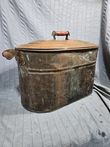 Antiker Revere Kupfer Wasserkocher Kessel mit Deckel Waschwanne Einmachen Holzgriffe - Bild 1 von 16