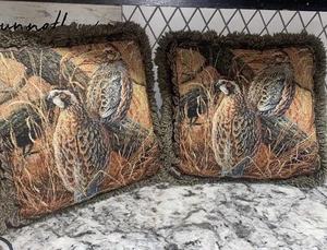 Vintage Set Millette Gobelin Kissen 2 Wachteln Fasane Samtrücken Jagdhütte - Bild 1 von 8