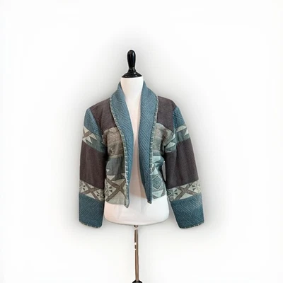 Vintage Quilted Jacket Size S/M Blue Cotton Southwestern Loose Crop Boho Blazer - Image 1 of 4