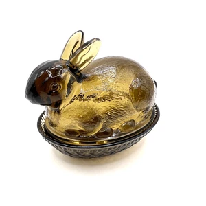 Rare Smoky Brown Champagne Glass Bunny Rabbit Covered Basket Candy Dish - Picture 1 of 10