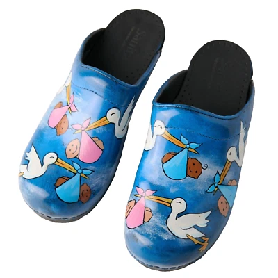 Sanita Hand Painted Stork Baby Clogs Sz 37 EU Nurse RN Midwife Shoes Denmark - Image 1 of 4