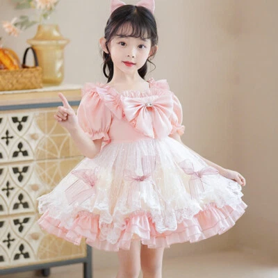 Lolita Girls Mesh Tutu Dress Bow Lace Trim Puff Sleeve Crystal Ruffle Cute Dress - Image 1 of 4