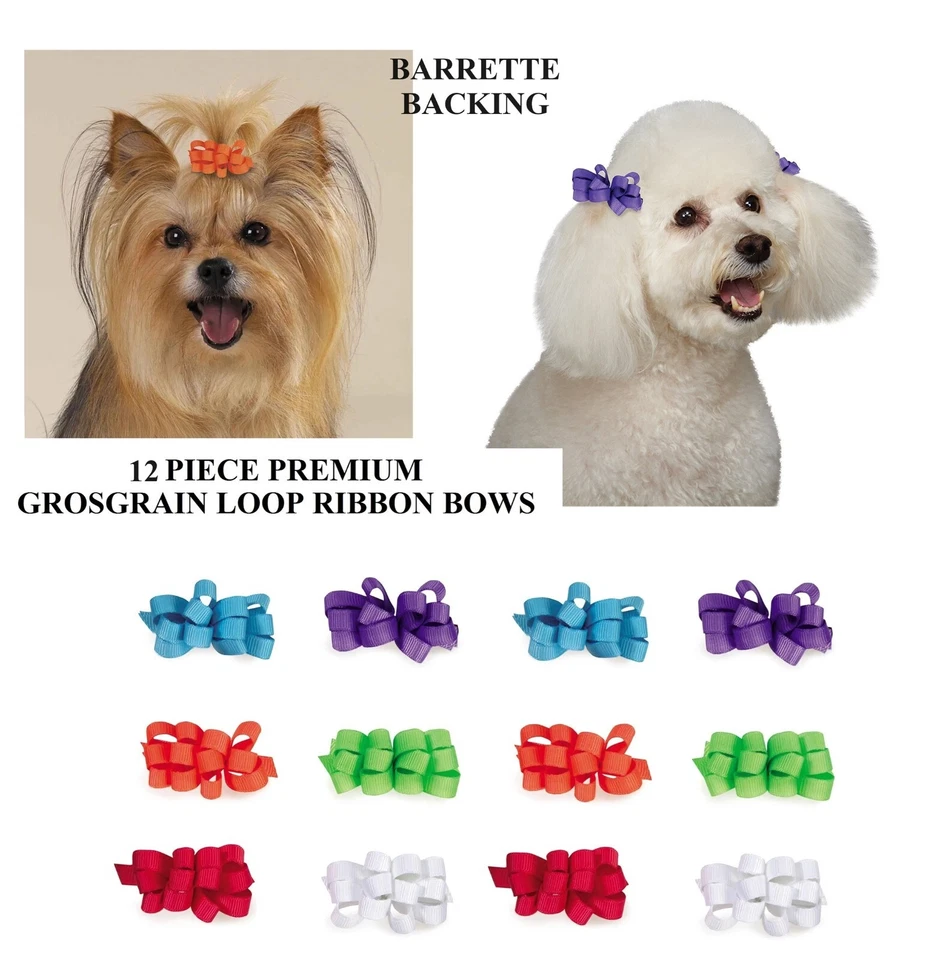 12 GROSGRAIN LOOP CURLED RIBBON HAIR BOW w/ BARRETTE CLIP Dog Grooming Top Knot - Image 1 of 4