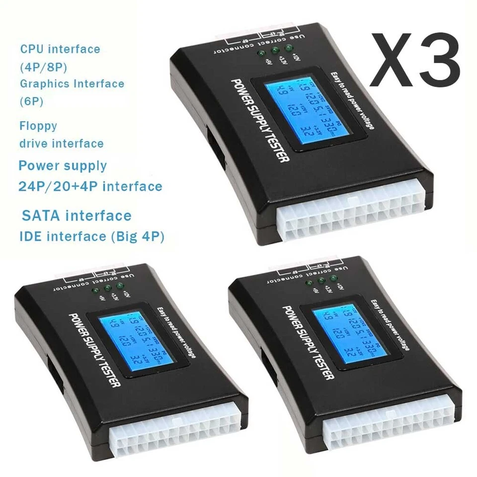 3Pcs Digital LCD Display 20/24 Pin SATA HDD PC Computer PC Power Supply Tester - Image 1 of 4