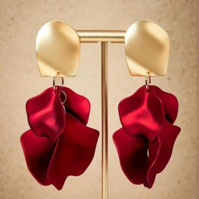 Fashion Women Red Rose Flower Petal Dangle Earrings Trendy Korean Jewelry Unique - Image 1 of 2