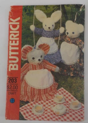 RARE BUTTERICK CRAFT PATTERN #203 24"RABBIT 21" MOUSE 20" BEAR DRESS APRON UNCUT - Image 1 of 4
