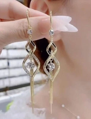 Womens Elegant Long Gold Metal Rhinestone Dangle Drop Decor Earrings Party Gift - Image 1 of 4