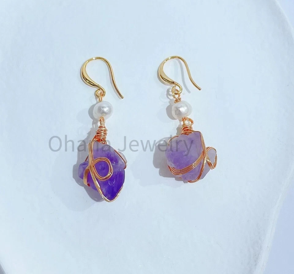 Natural Purple Amethyst Freshwater Pearl Copper Dangling Drop Earrings - Image 1 of 1