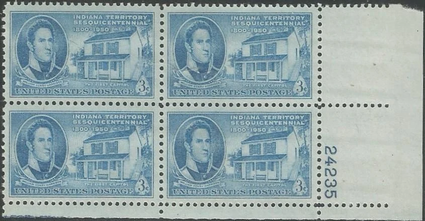 Plate Block of 4 stamps - Scott 996 - 3 cent - Indiana Territory - 1950 - MNH - Image 1 of 1