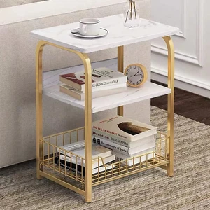 End Table Side Table 3 Tiers White Marble Nightstand Industrial Retro Storage Sh - Picture 1 of 9