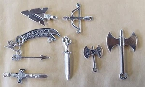 8x Miniature Tiny Silver Tone Weapons Axe Sword Arrows Charms Jewellery Making - Picture 1 of 4