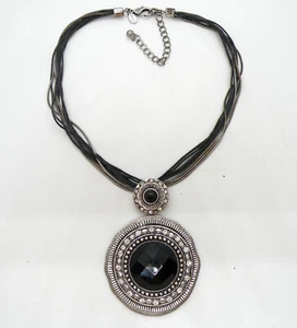 Chico's Signed Black Crystal Multi Strands Pendant Jewelry Silver Tone Necklace - Picture 1 of 6