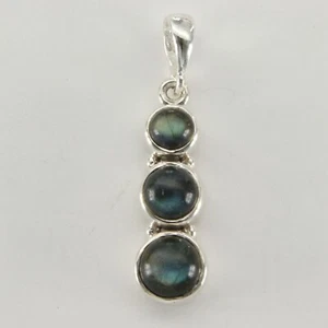 Natural Genuine Triple Round LABRADORITE Pendant - 925 STERLING SILVER #5e - Picture 1 of 3