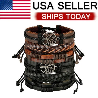 6Pcs Set Braided Leather  Rope Bracelet Set Wristband Bangle Tribal Men Women - Image 1 of 4