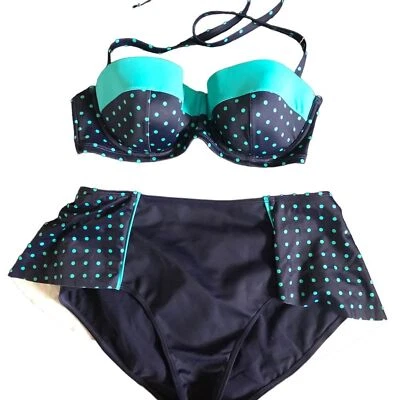 Spanx Retro Polka Dot Bikini 12 Navy Teal Flirty Balconette Top Skirt Bottom - Image 1 of 4