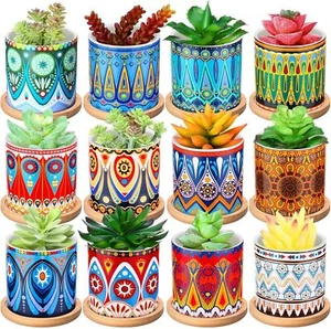 12 Pcs 3in Succulent Pots Planters Cylinder Ceramic Mandala with Drainage &Trays - Picture 1 of 6