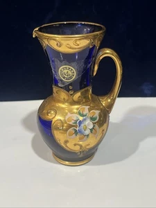 Italian Murano Cobalt Blue small handpainted floral vase pitcher goldtone trim - Picture 1 of 11