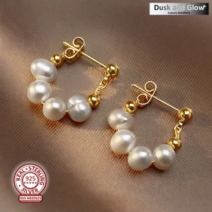 Pendientes de aro de perlas de agua dulce de oro de plata de ley 925 para mujer joyas regalo Reino Unido - Imagen 1 de 9