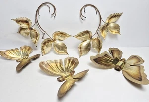Vintage Gold Tone, Brass Butterflies & Leafs Set Of 5 Wall Decor Pieces 1970-80s - Picture 1 of 17